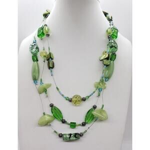 Vintage Beaded Necklace Multi2 Strand Lucite Glass Shell Jewelry RARE Green
